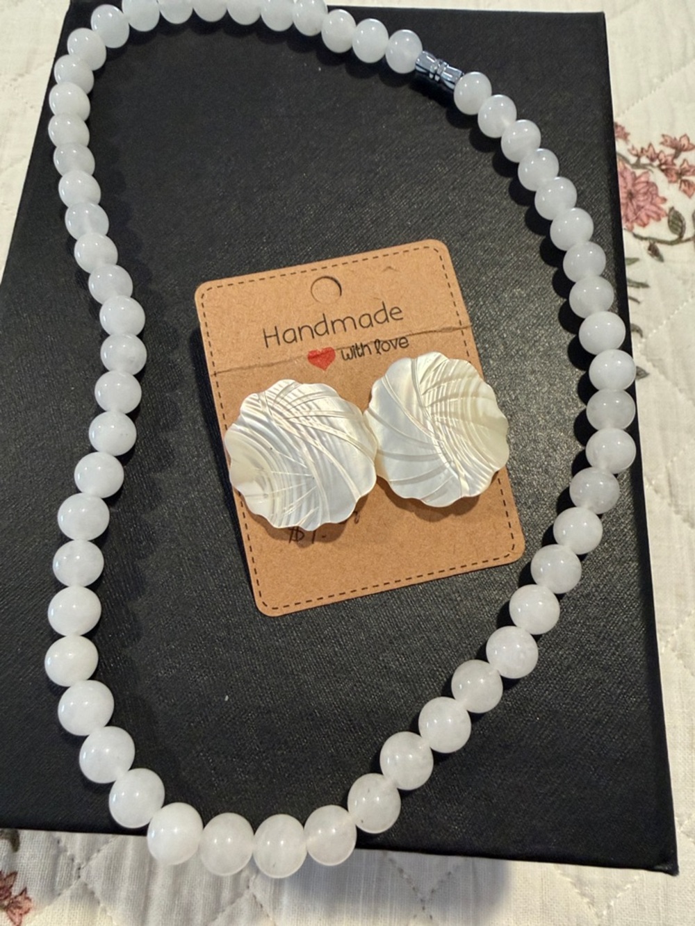 White jade necklace with mother of pearl pierced earrings. NWOT